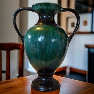 60's BLUE MOUNTAIN POTTERY Vintage Two Handled Pottery Vase Urn Green Glaze